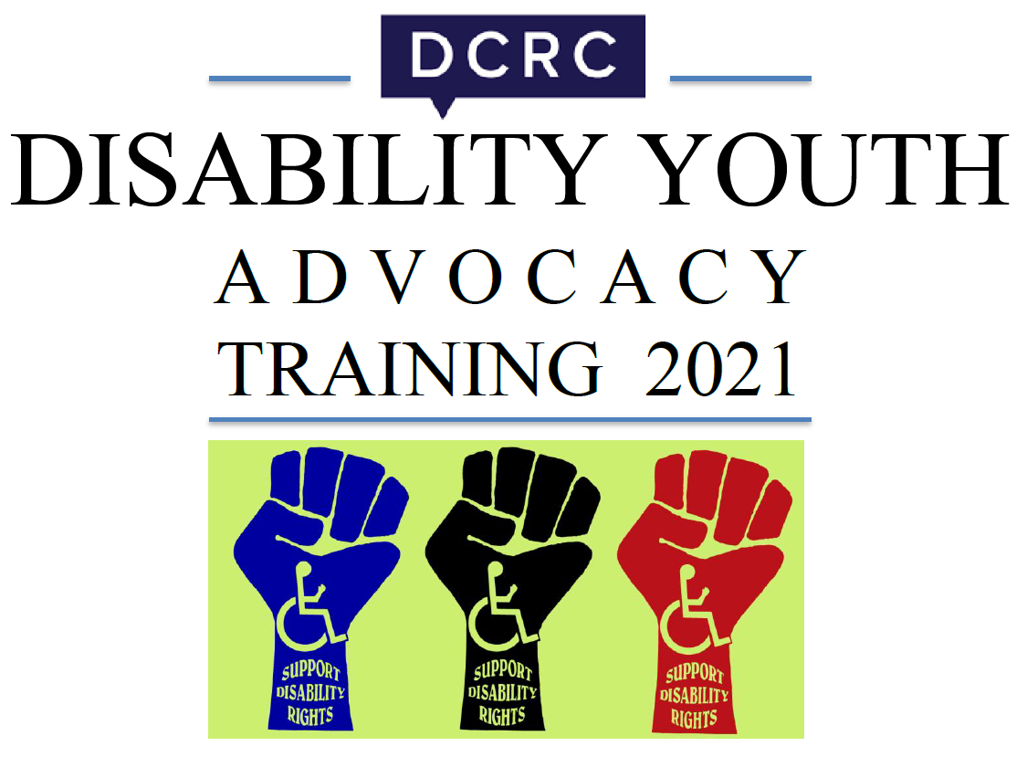 DCRC Disability Youth Advocacy Training Logo - Three Fists with Disability Symbol